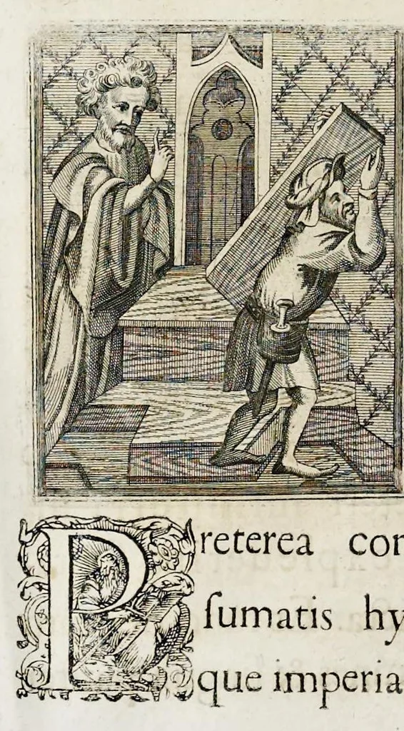 An illustration from Henrici Günteri Thülemarii ... Tractatio de Bulla Aurea, argentea, plumbea et cerea in genere, nec non in specie : de Aurea bulla Caroli IV imperatoris : Accedunt I. Textus Aureae bullae Caroli IV imper. anno 1356 Norimbergae & Metis sancitae ex autographo francofurtano fideliter descriptus. II. Copia MSti Aureae bullae Carolinae, quod in augustissima Bibliotheca vindobenensi invenitur ... III. & IV. Copiae duarum versionum germanicarum Aureae istius bullae, quae in dicta augustissima Bibliotheca caesarea & Curia francofurtana custodiuntur. V. Aurea bulla Andronici imperatoris constantinopolitani cum notis & addit. VI. Aurea bulla brabantina cum commentar. VII. Capitulatio Maximiliani II imperatoris ex originali, quod in serenissimi electoris palatini archivo adservatur, integra edita, 1697, leaf 223