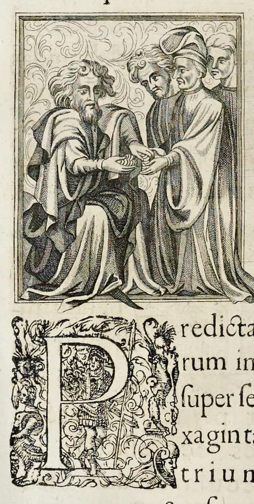 An illustration from Henrici Günteri Thülemarii ... Tractatio de Bulla Aurea, argentea, plumbea et cerea in genere, nec non in specie : de Aurea bulla Caroli IV imperatoris : Accedunt I. Textus Aureae bullae Caroli IV imper. anno 1356 Norimbergae & Metis sancitae ex autographo francofurtano fideliter descriptus. II. Copia MSti Aureae bullae Carolinae, quod in augustissima Bibliotheca vindobenensi invenitur ... III. & IV. Copiae duarum versionum germanicarum Aureae istius bullae, quae in dicta augustissima Bibliotheca caesarea & Curia francofurtana custodiuntur. V. Aurea bulla Andronici imperatoris constantinopolitani cum notis & addit. VI. Aurea bulla brabantina cum commentar. VII. Capitulatio Maximiliani II imperatoris ex originali, quod in serenissimi electoris palatini archivo adservatur, integra edita, 1697, leaf 225