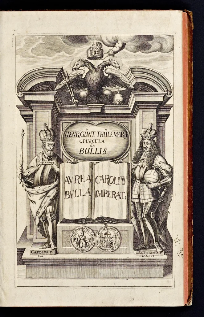 An illustration from Henrici Günteri Thülemarii ... Tractatio de Bulla Aurea, argentea, plumbea et cerea in genere, nec non in specie : de Aurea bulla Caroli IV imperatoris : Accedunt I. Textus Aureae bullae Caroli IV imper. anno 1356 Norimbergae & Metis sancitae ex autographo francofurtano fideliter descriptus. II. Copia MSti Aureae bullae Carolinae, quod in augustissima Bibliotheca vindobenensi invenitur ... III. & IV. Copiae duarum versionum germanicarum Aureae istius bullae, quae in dicta augustissima Bibliotheca caesarea & Curia francofurtana custodiuntur. V. Aurea bulla Andronici imperatoris constantinopolitani cum notis & addit. VI. Aurea bulla brabantina cum commentar. VII. Capitulatio Maximiliani II imperatoris ex originali, quod in serenissimi electoris palatini archivo adservatur, integra edita, 1697, leaf 4