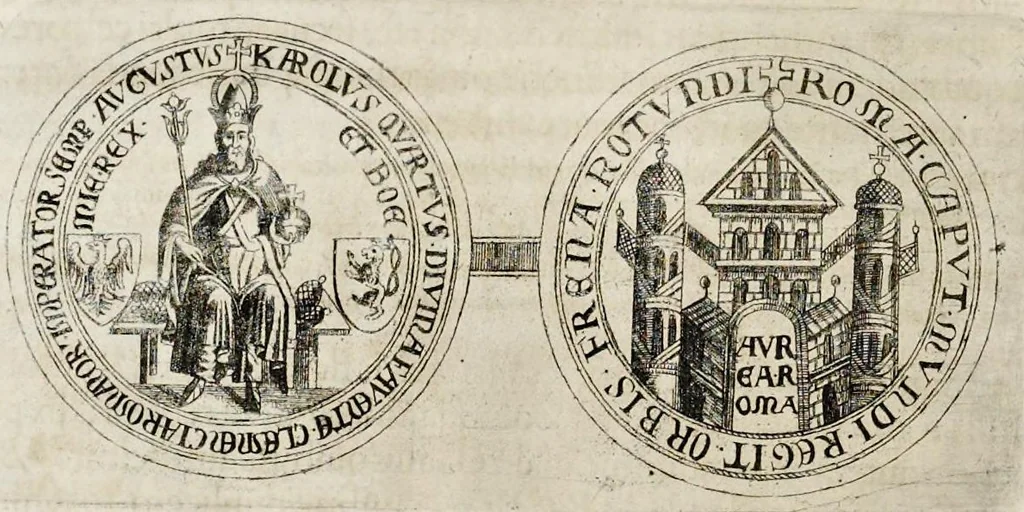 An illustration from Henrici Günteri Thülemarii ... Tractatio de Bulla Aurea, argentea, plumbea et cerea in genere, nec non in specie : de Aurea bulla Caroli IV imperatoris : Accedunt I. Textus Aureae bullae Caroli IV imper. anno 1356 Norimbergae & Metis sancitae ex autographo francofurtano fideliter descriptus. II. Copia MSti Aureae bullae Carolinae, quod in augustissima Bibliotheca vindobenensi invenitur ... III. & IV. Copiae duarum versionum germanicarum Aureae istius bullae, quae in dicta augustissima Bibliotheca caesarea & Curia francofurtana custodiuntur. V. Aurea bulla Andronici imperatoris constantinopolitani cum notis & addit. VI. Aurea bulla brabantina cum commentar. VII. Capitulatio Maximiliani II imperatoris ex originali, quod in serenissimi electoris palatini archivo adservatur, integra edita, 1697, leaf 61