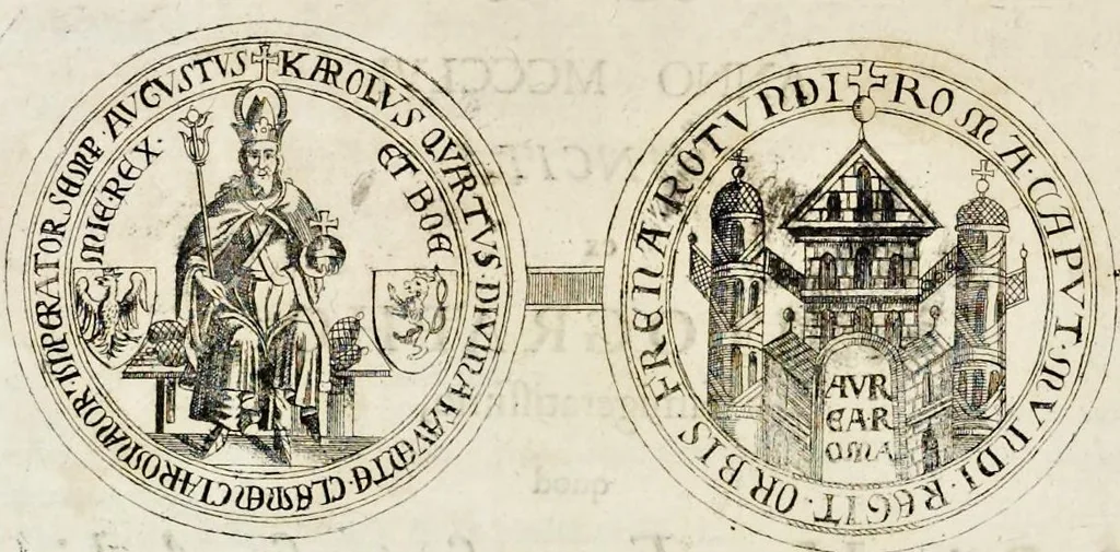 An illustration from Henrici Günteri Thülemarii ... Tractatio de Bulla Aurea, argentea, plumbea et cerea in genere, nec non in specie : de Aurea bulla Caroli IV imperatoris : Accedunt I. Textus Aureae bullae Caroli IV imper. anno 1356 Norimbergae & Metis sancitae ex autographo francofurtano fideliter descriptus. II. Copia MSti Aureae bullae Carolinae, quod in augustissima Bibliotheca vindobenensi invenitur ... III. & IV. Copiae duarum versionum germanicarum Aureae istius bullae, quae in dicta augustissima Bibliotheca caesarea & Curia francofurtana custodiuntur. V. Aurea bulla Andronici imperatoris constantinopolitani cum notis & addit. VI. Aurea bulla brabantina cum commentar. VII. Capitulatio Maximiliani II imperatoris ex originali, quod in serenissimi electoris palatini archivo adservatur, integra edita, 1697, leaf 93