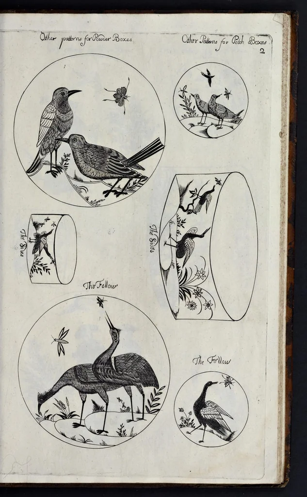 An illustration from A treatise of japaning and varnishing : being a compleat discovery of those arts, with the best way of making all sorts of varnish for japan, wood, prints, or pictures : the method of guilding, burnishing, and lackering, with the art of guilding, separating, and refining metals and of painting mezzo-tinto-prints : also rules for counterfeiting tortoise-shell, and marble, and for staining or dying wood, ivory, and horn : together with above an hundred distinct patterns for japan-work, in imitation of the indians, for tables, stands, frames, cabinets, boxes, &c., 1688, leaf 104