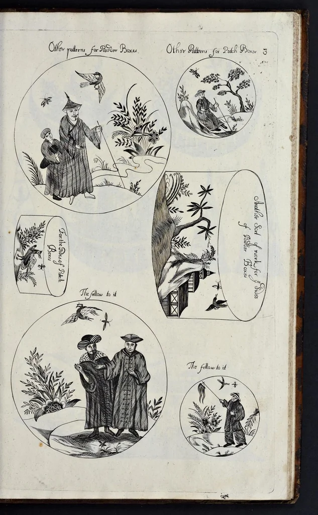An illustration from A treatise of japaning and varnishing : being a compleat discovery of those arts, with the best way of making all sorts of varnish for japan, wood, prints, or pictures : the method of guilding, burnishing, and lackering, with the art of guilding, separating, and refining metals and of painting mezzo-tinto-prints : also rules for counterfeiting tortoise-shell, and marble, and for staining or dying wood, ivory, and horn : together with above an hundred distinct patterns for japan-work, in imitation of the indians, for tables, stands, frames, cabinets, boxes, &c., 1688, leaf 106