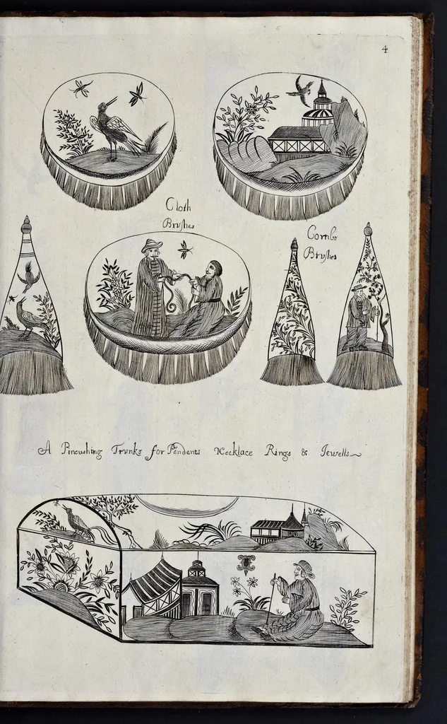 An illustration from A treatise of japaning and varnishing : being a compleat discovery of those arts, with the best way of making all sorts of varnish for japan, wood, prints, or pictures : the method of guilding, burnishing, and lackering, with the art of guilding, separating, and refining metals and of painting mezzo-tinto-prints : also rules for counterfeiting tortoise-shell, and marble, and for staining or dying wood, ivory, and horn : together with above an hundred distinct patterns for japan-work, in imitation of the indians, for tables, stands, frames, cabinets, boxes, &c., 1688, leaf 108