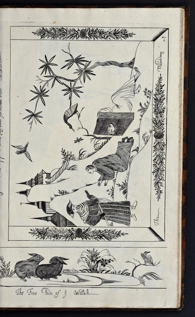 An illustration from A treatise of japaning and varnishing : being a compleat discovery of those arts, with the best way of making all sorts of varnish for japan, wood, prints, or pictures : the method of guilding, burnishing, and lackering, with the art of guilding, separating, and refining metals and of painting mezzo-tinto-prints : also rules for counterfeiting tortoise-shell, and marble, and for staining or dying wood, ivory, and horn : together with above an hundred distinct patterns for japan-work, in imitation of the indians, for tables, stands, frames, cabinets, boxes, &c., 1688, leaf 114