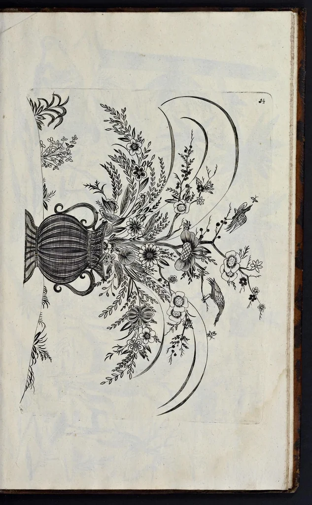 An illustration from A treatise of japaning and varnishing : being a compleat discovery of those arts, with the best way of making all sorts of varnish for japan, wood, prints, or pictures : the method of guilding, burnishing, and lackering, with the art of guilding, separating, and refining metals and of painting mezzo-tinto-prints : also rules for counterfeiting tortoise-shell, and marble, and for staining or dying wood, ivory, and horn : together with above an hundred distinct patterns for japan-work, in imitation of the indians, for tables, stands, frames, cabinets, boxes, &c., 1688, leaf 128