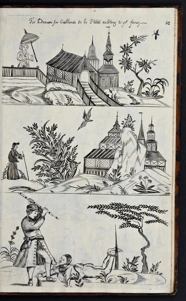 An illustration from A treatise of japaning and varnishing : being a compleat discovery of those arts, with the best way of making all sorts of varnish for japan, wood, prints, or pictures : the method of guilding, burnishing, and lackering, with the art of guilding, separating, and refining metals and of painting mezzo-tinto-prints : also rules for counterfeiting tortoise-shell, and marble, and for staining or dying wood, ivory, and horn : together with above an hundred distinct patterns for japan-work, in imitation of the indians, for tables, stands, frames, cabinets, boxes, &c., 1688, leaf 136