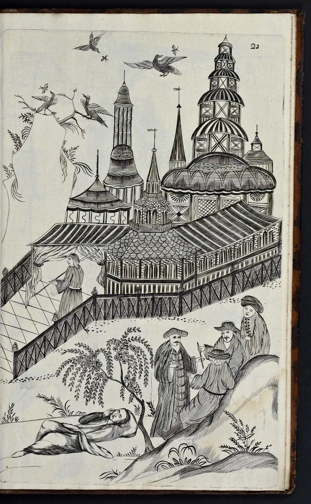 An illustration from A treatise of japaning and varnishing : being a compleat discovery of those arts, with the best way of making all sorts of varnish for japan, wood, prints, or pictures : the method of guilding, burnishing, and lackering, with the art of guilding, separating, and refining metals and of painting mezzo-tinto-prints : also rules for counterfeiting tortoise-shell, and marble, and for staining or dying wood, ivory, and horn : together with above an hundred distinct patterns for japan-work, in imitation of the indians, for tables, stands, frames, cabinets, boxes, &c., 1688, leaf 142