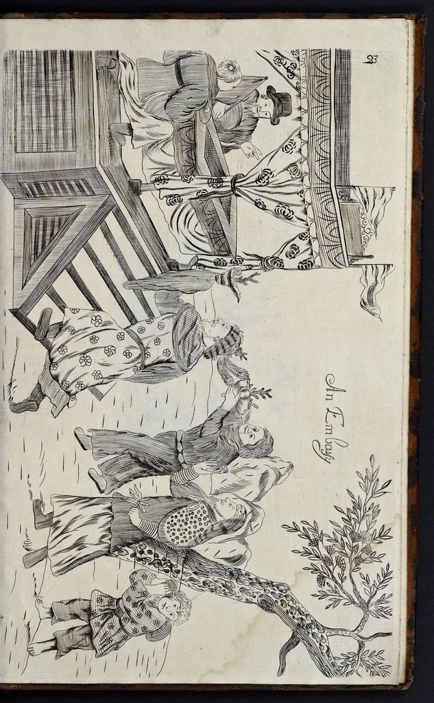 An illustration from A treatise of japaning and varnishing : being a compleat discovery of those arts, with the best way of making all sorts of varnish for japan, wood, prints, or pictures : the method of guilding, burnishing, and lackering, with the art of guilding, separating, and refining metals and of painting mezzo-tinto-prints : also rules for counterfeiting tortoise-shell, and marble, and for staining or dying wood, ivory, and horn : together with above an hundred distinct patterns for japan-work, in imitation of the indians, for tables, stands, frames, cabinets, boxes, &c., 1688, leaf 146