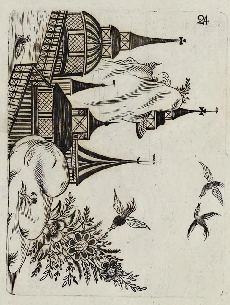 An illustration from A treatise of japaning and varnishing : being a compleat discovery of those arts, with the best way of making all sorts of varnish for japan, wood, prints, or pictures : the method of guilding, burnishing, and lackering, with the art of guilding, separating, and refining metals and of painting mezzo-tinto-prints : also rules for counterfeiting tortoise-shell, and marble, and for staining or dying wood, ivory, and horn : together with above an hundred distinct patterns for japan-work, in imitation of the indians, for tables, stands, frames, cabinets, boxes, &c., 1688, leaf 148