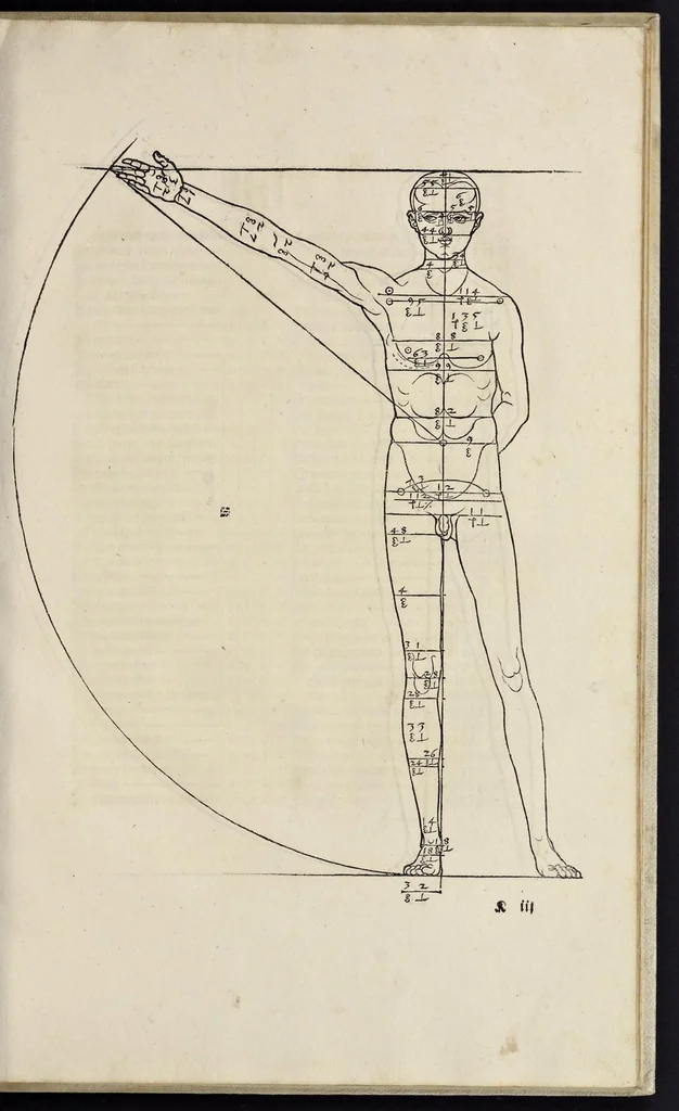 An illustration from Alberti Dureri clarissimi pictoris et geometrae de sym[m]etria partium in rectis formis hu[m]anorum corporum libri in Latinum conuersi, 1532, leaf 112
