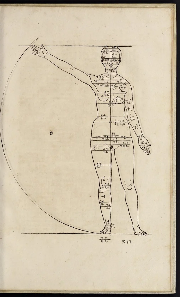 An illustration from Alberti Dureri clarissimi pictoris et geometrae de sym[m]etria partium in rectis formis hu[m]anorum corporum libri in Latinum conuersi, 1532, leaf 148