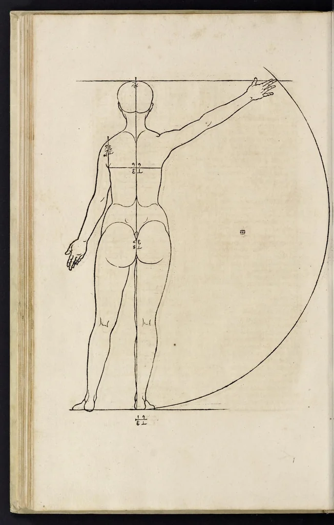 An illustration from Alberti Dureri clarissimi pictoris et geometrae de sym[m]etria partium in rectis formis hu[m]anorum corporum libri in Latinum conuersi, 1532, leaf 149