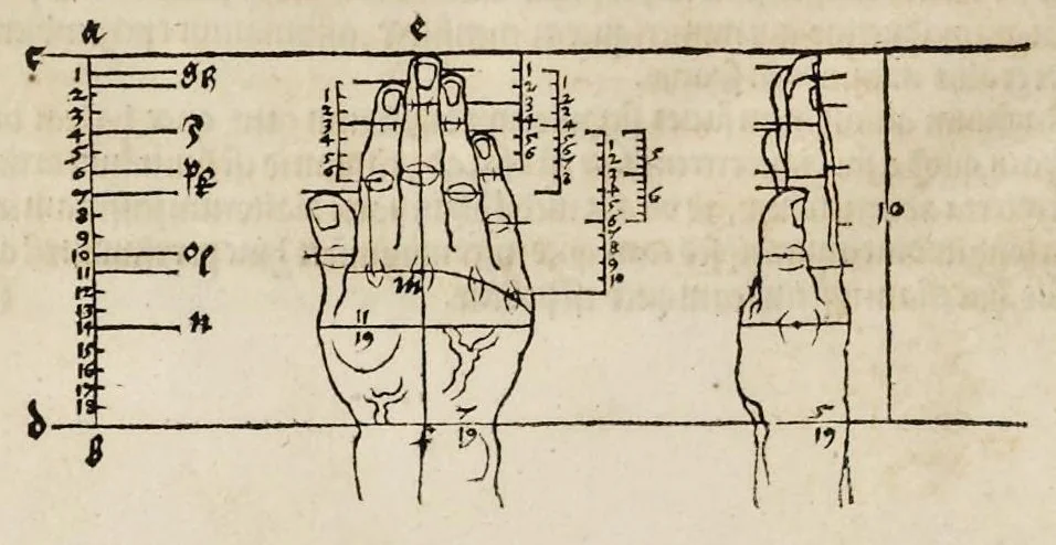 An illustration from Alberti Dureri clarissimi pictoris et geometrae de sym[m]etria partium in rectis formis hu[m]anorum corporum libri in Latinum conuersi, 1532, leaf 65