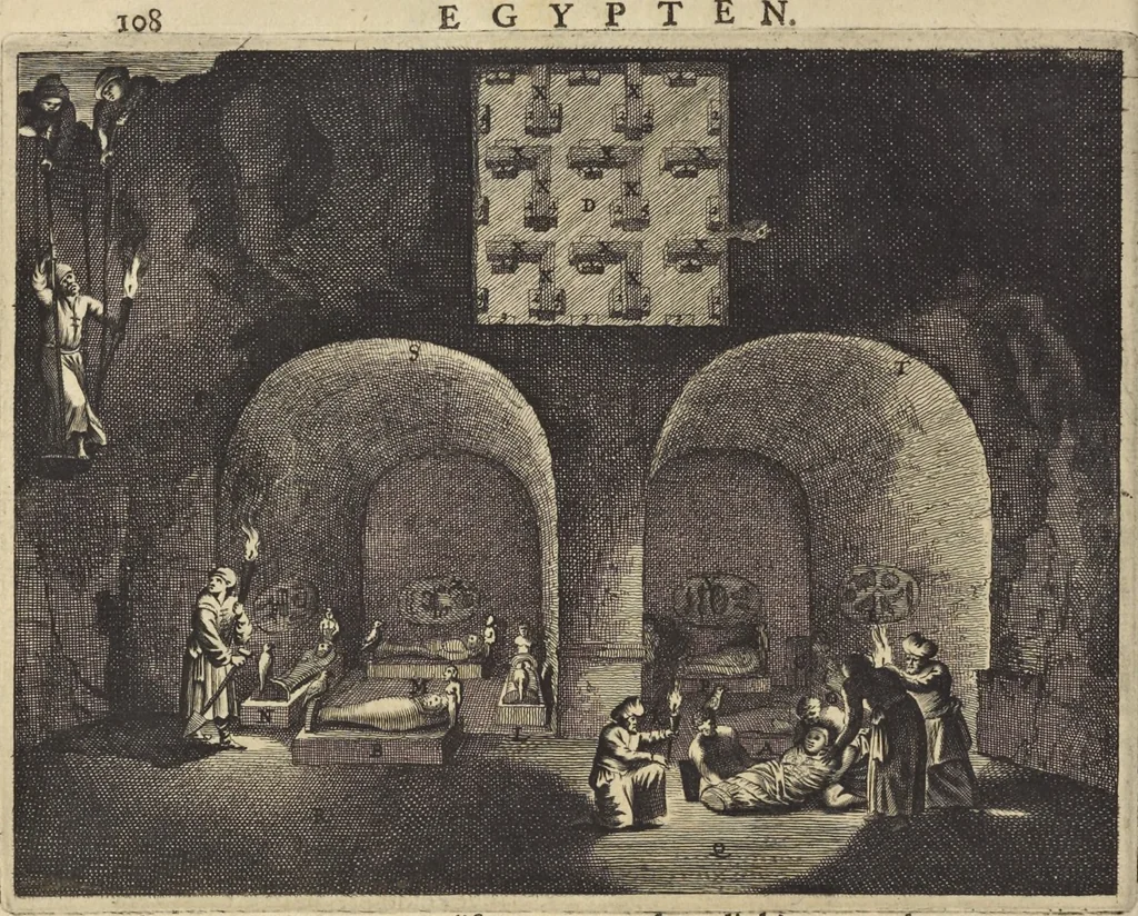 An illustration from Naukeurige beschrijvinge der Afrikaensche gewesten van Egypten, Barbaryen, Libyen, Biledulgerid, Negroslant, Guinea, Ethiopiën, Abyssinie ... : getrokken uit verscheyde hedendaegse lantbeschrijvers en geschriften van bereisde ondersoekers dier landen, 1668, leaf 151