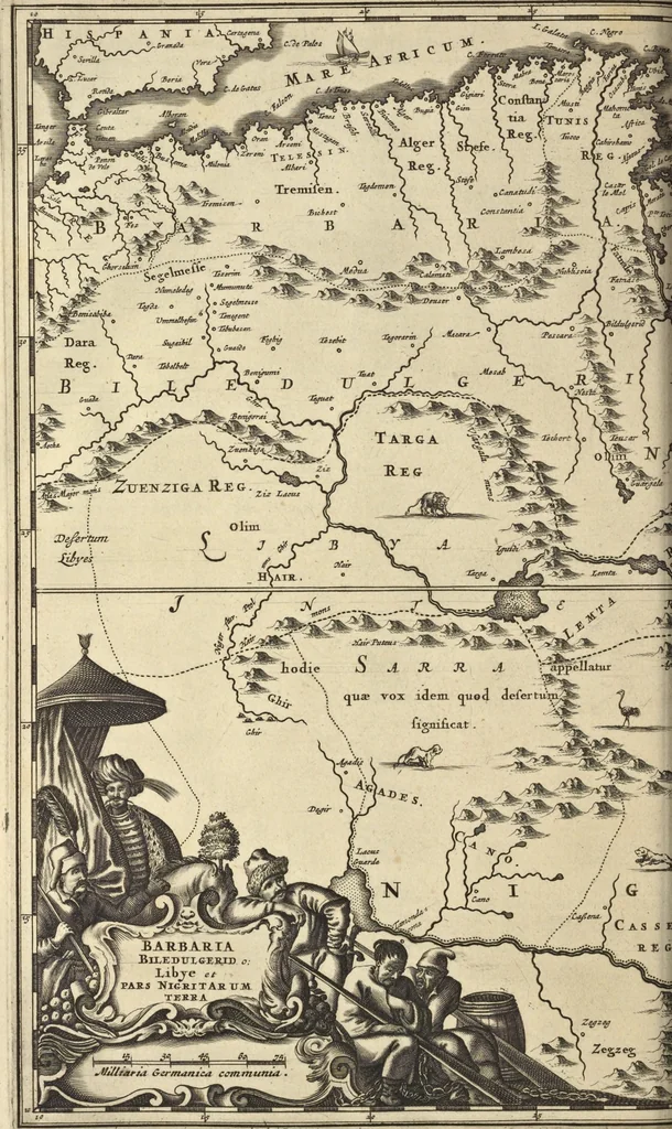 An illustration from Naukeurige beschrijvinge der Afrikaensche gewesten van Egypten, Barbaryen, Libyen, Biledulgerid, Negroslant, Guinea, Ethiopiën, Abyssinie ... : getrokken uit verscheyde hedendaegse lantbeschrijvers en geschriften van bereisde ondersoekers dier landen, 1668, leaf 239