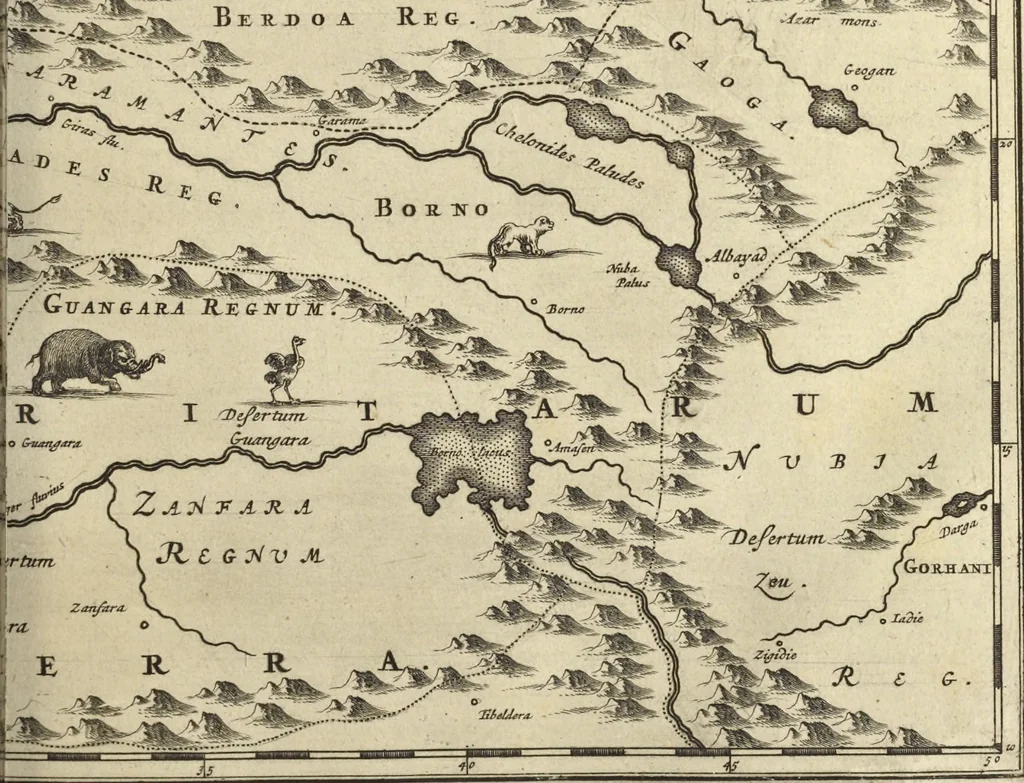 An illustration from Naukeurige beschrijvinge der Afrikaensche gewesten van Egypten, Barbaryen, Libyen, Biledulgerid, Negroslant, Guinea, Ethiopiën, Abyssinie ... : getrokken uit verscheyde hedendaegse lantbeschrijvers en geschriften van bereisde ondersoekers dier landen, 1668, leaf 240