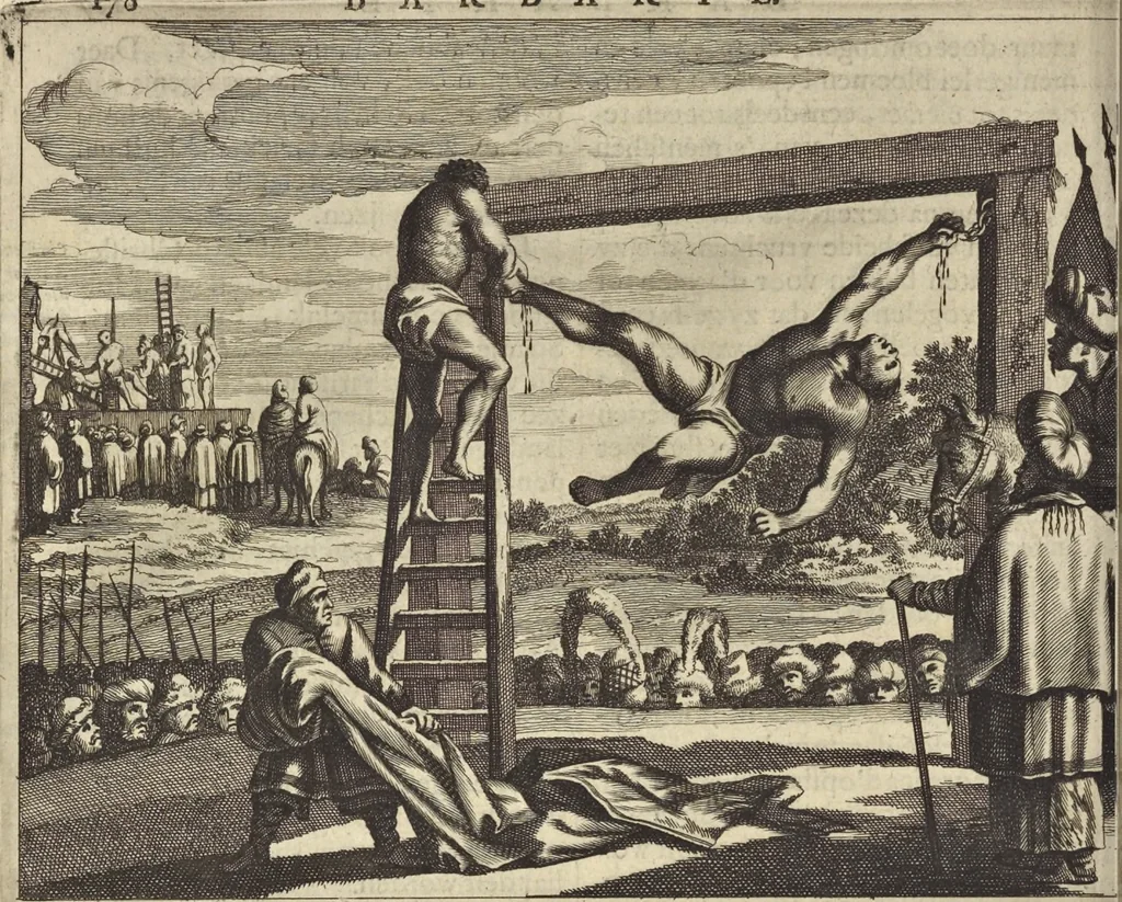 An illustration from Naukeurige beschrijvinge der Afrikaensche gewesten van Egypten, Barbaryen, Libyen, Biledulgerid, Negroslant, Guinea, Ethiopiën, Abyssinie ... : getrokken uit verscheyde hedendaegse lantbeschrijvers en geschriften van bereisde ondersoekers dier landen, 1668, leaf 251
