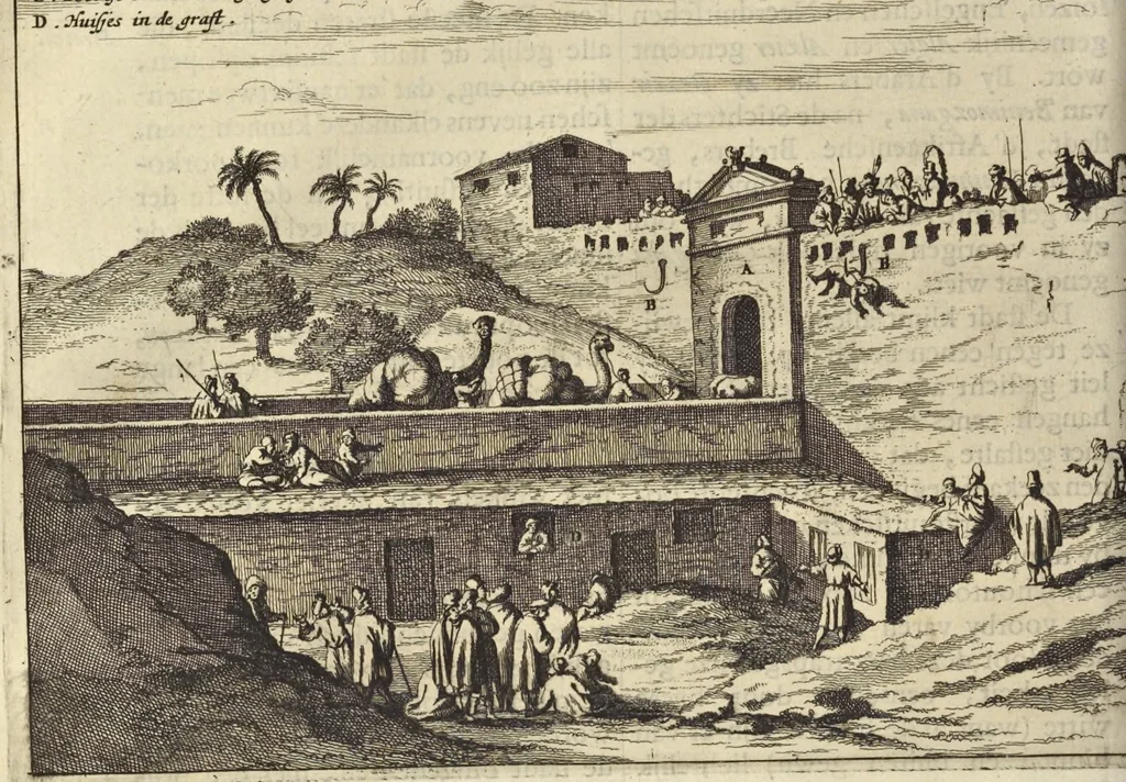 An illustration from Naukeurige beschrijvinge der Afrikaensche gewesten van Egypten, Barbaryen, Libyen, Biledulgerid, Negroslant, Guinea, Ethiopiën, Abyssinie ... : getrokken uit verscheyde hedendaegse lantbeschrijvers en geschriften van bereisde ondersoekers dier landen, 1668, leaf 365