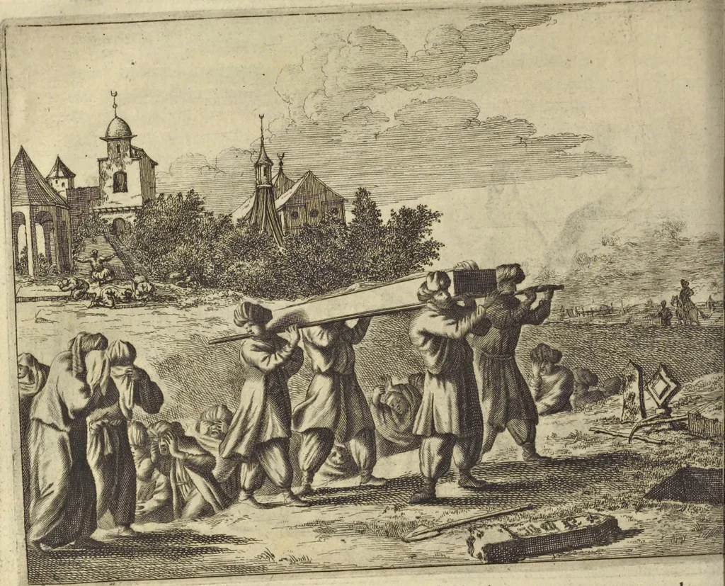 An illustration from Naukeurige beschrijvinge der Afrikaensche gewesten van Egypten, Barbaryen, Libyen, Biledulgerid, Negroslant, Guinea, Ethiopiën, Abyssinie ... : getrokken uit verscheyde hedendaegse lantbeschrijvers en geschriften van bereisde ondersoekers dier landen, 1668, leaf 373