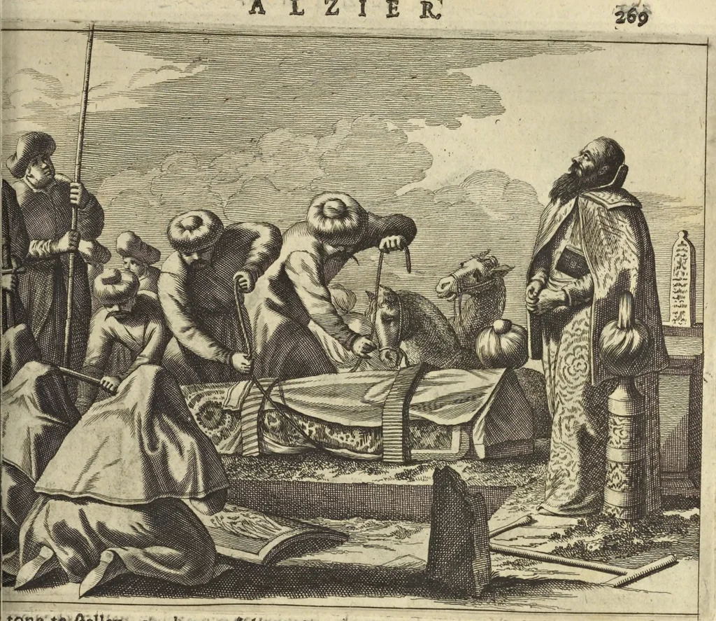 An illustration from Naukeurige beschrijvinge der Afrikaensche gewesten van Egypten, Barbaryen, Libyen, Biledulgerid, Negroslant, Guinea, Ethiopiën, Abyssinie ... : getrokken uit verscheyde hedendaegse lantbeschrijvers en geschriften van bereisde ondersoekers dier landen, 1668, leaf 374