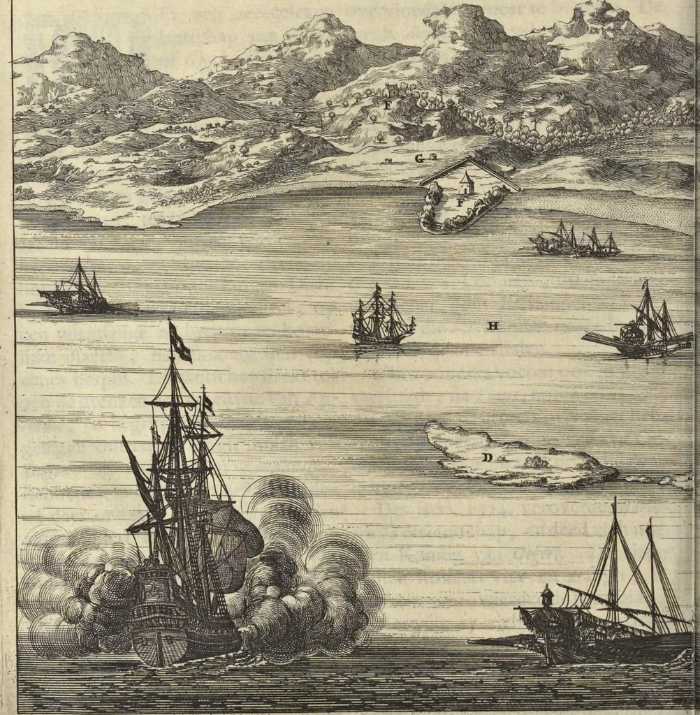 An illustration from Naukeurige beschrijvinge der Afrikaensche gewesten van Egypten, Barbaryen, Libyen, Biledulgerid, Negroslant, Guinea, Ethiopiën, Abyssinie ... : getrokken uit verscheyde hedendaegse lantbeschrijvers en geschriften van bereisde ondersoekers dier landen, 1668, leaf 397