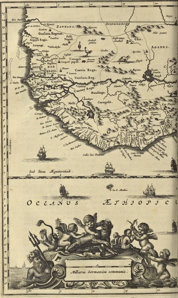 An illustration from Naukeurige beschrijvinge der Afrikaensche gewesten van Egypten, Barbaryen, Libyen, Biledulgerid, Negroslant, Guinea, Ethiopiën, Abyssinie ... : getrokken uit verscheyde hedendaegse lantbeschrijvers en geschriften van bereisde ondersoekers dier landen, 1668, leaf 473