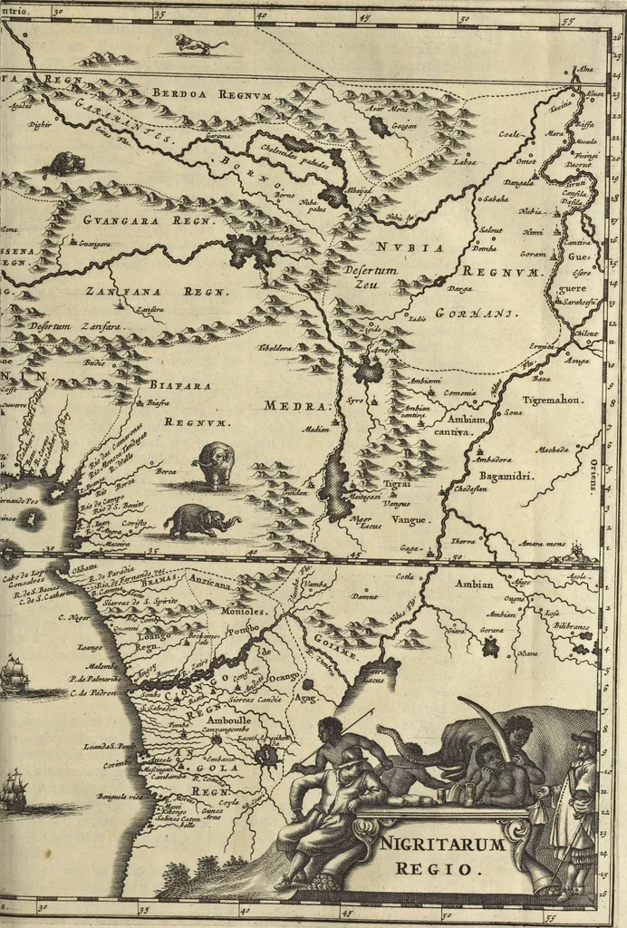 An illustration from Naukeurige beschrijvinge der Afrikaensche gewesten van Egypten, Barbaryen, Libyen, Biledulgerid, Negroslant, Guinea, Ethiopiën, Abyssinie ... : getrokken uit verscheyde hedendaegse lantbeschrijvers en geschriften van bereisde ondersoekers dier landen, 1668, leaf 474