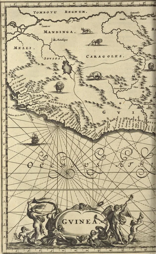 An illustration from Naukeurige beschrijvinge der Afrikaensche gewesten van Egypten, Barbaryen, Libyen, Biledulgerid, Negroslant, Guinea, Ethiopiën, Abyssinie ... : getrokken uit verscheyde hedendaegse lantbeschrijvers en geschriften van bereisde ondersoekers dier landen, 1668, leaf 543