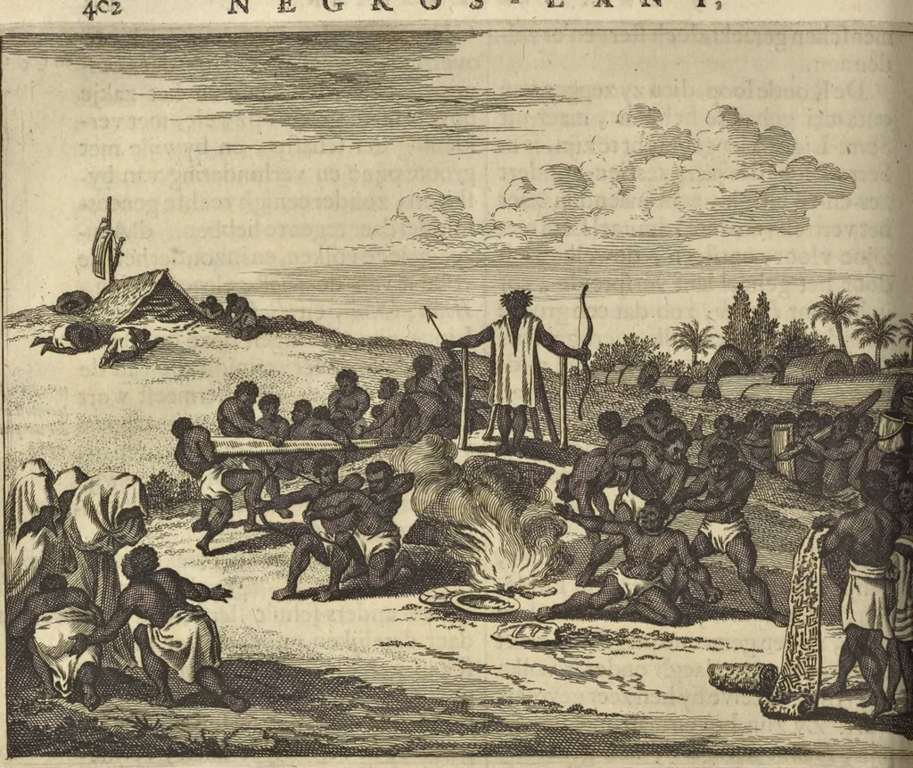 An illustration from Naukeurige beschrijvinge der Afrikaensche gewesten van Egypten, Barbaryen, Libyen, Biledulgerid, Negroslant, Guinea, Ethiopiën, Abyssinie ... : getrokken uit verscheyde hedendaegse lantbeschrijvers en geschriften van bereisde ondersoekers dier landen, 1668, leaf 567