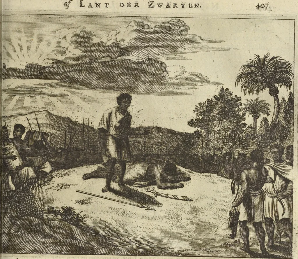 An illustration from Naukeurige beschrijvinge der Afrikaensche gewesten van Egypten, Barbaryen, Libyen, Biledulgerid, Negroslant, Guinea, Ethiopiën, Abyssinie ... : getrokken uit verscheyde hedendaegse lantbeschrijvers en geschriften van bereisde ondersoekers dier landen, 1668, leaf 572