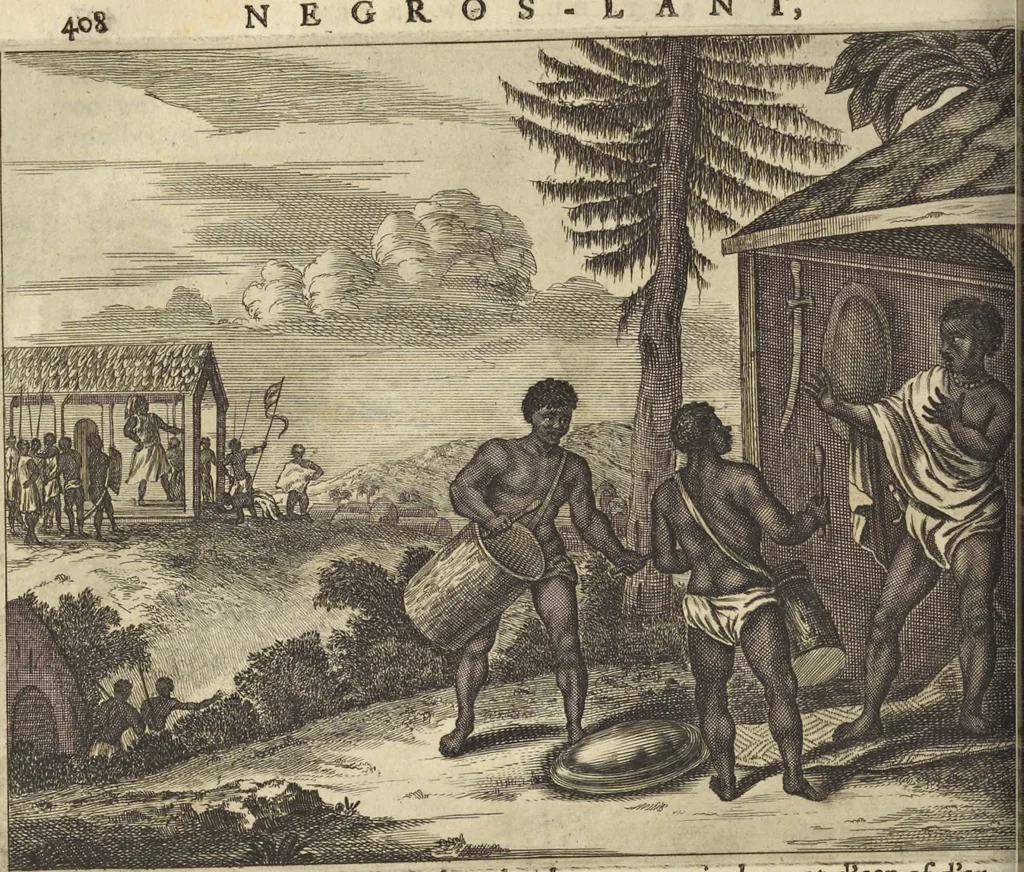 An illustration from Naukeurige beschrijvinge der Afrikaensche gewesten van Egypten, Barbaryen, Libyen, Biledulgerid, Negroslant, Guinea, Ethiopiën, Abyssinie ... : getrokken uit verscheyde hedendaegse lantbeschrijvers en geschriften van bereisde ondersoekers dier landen, 1668, leaf 573