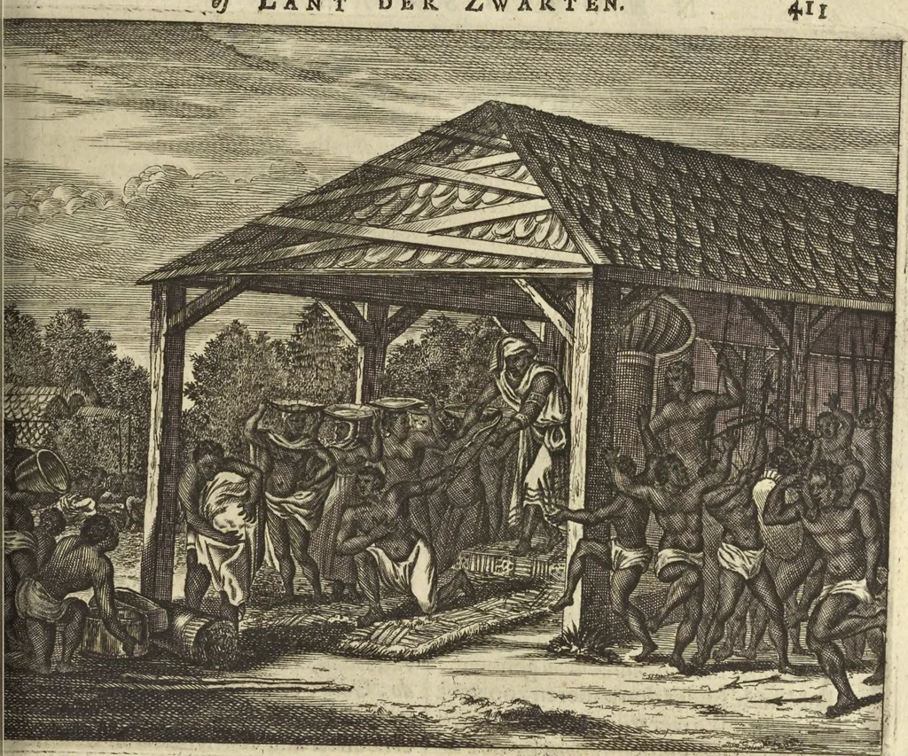 An illustration from Naukeurige beschrijvinge der Afrikaensche gewesten van Egypten, Barbaryen, Libyen, Biledulgerid, Negroslant, Guinea, Ethiopiën, Abyssinie ... : getrokken uit verscheyde hedendaegse lantbeschrijvers en geschriften van bereisde ondersoekers dier landen, 1668, leaf 576