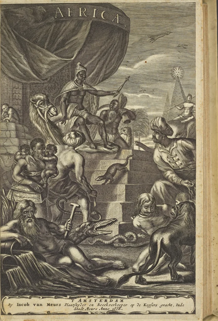 An illustration from Naukeurige beschrijvinge der Afrikaensche gewesten van Egypten, Barbaryen, Libyen, Biledulgerid, Negroslant, Guinea, Ethiopiën, Abyssinie ... : getrokken uit verscheyde hedendaegse lantbeschrijvers en geschriften van bereisde ondersoekers dier landen, 1668, leaf 6