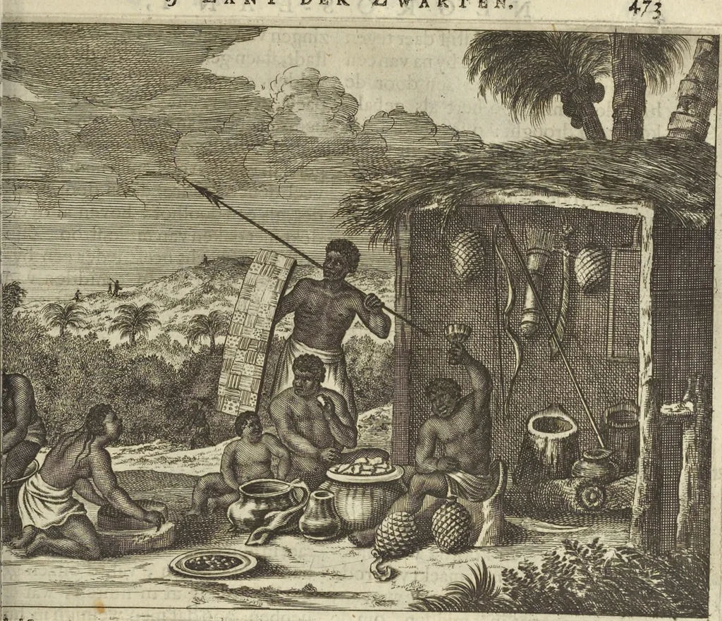 An illustration from Naukeurige beschrijvinge der Afrikaensche gewesten van Egypten, Barbaryen, Libyen, Biledulgerid, Negroslant, Guinea, Ethiopiën, Abyssinie ... : getrokken uit verscheyde hedendaegse lantbeschrijvers en geschriften van bereisde ondersoekers dier landen, 1668, leaf 654