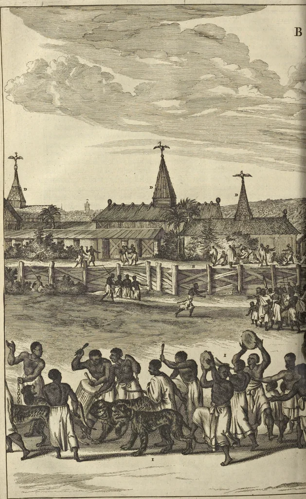 An illustration from Naukeurige beschrijvinge der Afrikaensche gewesten van Egypten, Barbaryen, Libyen, Biledulgerid, Negroslant, Guinea, Ethiopiën, Abyssinie ... : getrokken uit verscheyde hedendaegse lantbeschrijvers en geschriften van bereisde ondersoekers dier landen, 1668, leaf 677