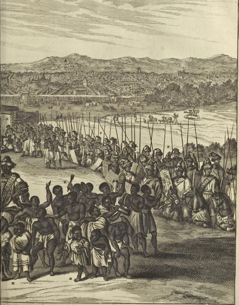 An illustration from Naukeurige beschrijvinge der Afrikaensche gewesten van Egypten, Barbaryen, Libyen, Biledulgerid, Negroslant, Guinea, Ethiopiën, Abyssinie ... : getrokken uit verscheyde hedendaegse lantbeschrijvers en geschriften van bereisde ondersoekers dier landen, 1668, leaf 678