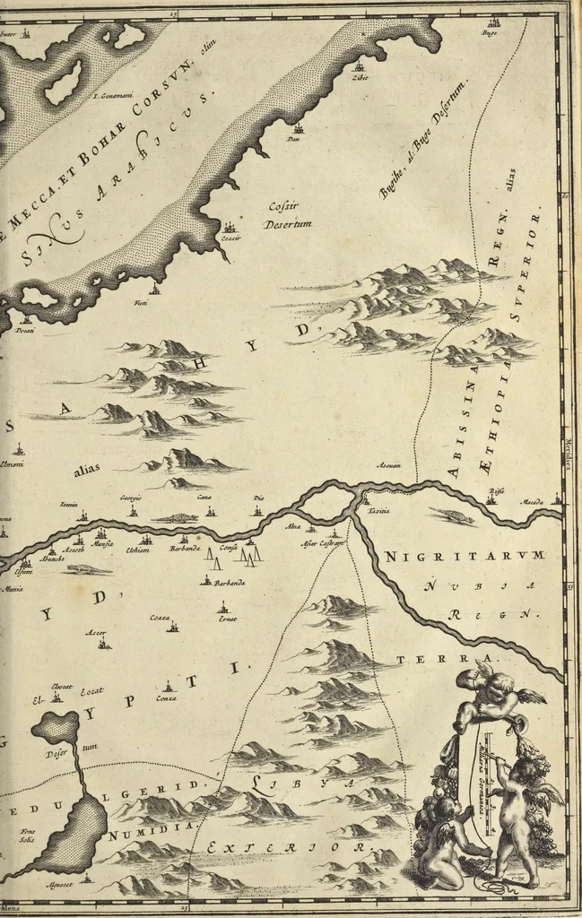 An illustration from Naukeurige beschrijvinge der Afrikaensche gewesten van Egypten, Barbaryen, Libyen, Biledulgerid, Negroslant, Guinea, Ethiopiën, Abyssinie ... : getrokken uit verscheyde hedendaegse lantbeschrijvers en geschriften van bereisde ondersoekers dier landen, 1668, leaf 68
