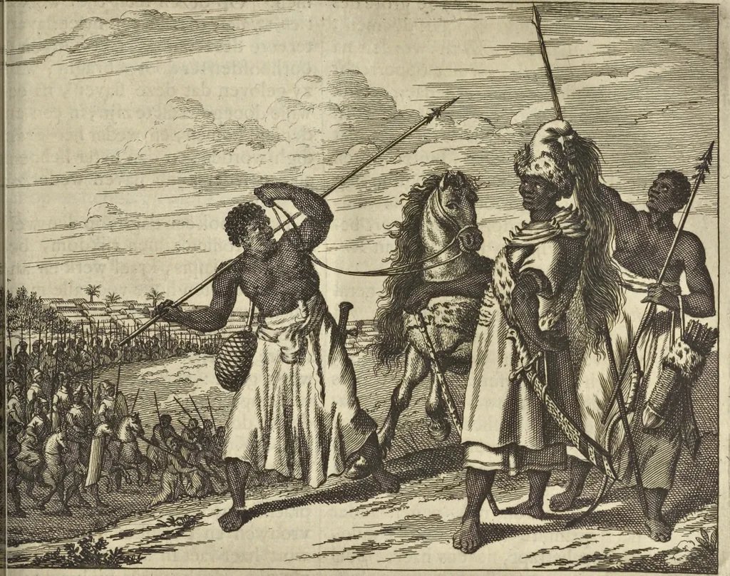 An illustration from Naukeurige beschrijvinge der Afrikaensche gewesten van Egypten, Barbaryen, Libyen, Biledulgerid, Negroslant, Guinea, Ethiopiën, Abyssinie ... : getrokken uit verscheyde hedendaegse lantbeschrijvers en geschriften van bereisde ondersoekers dier landen, 1668, leaf 686