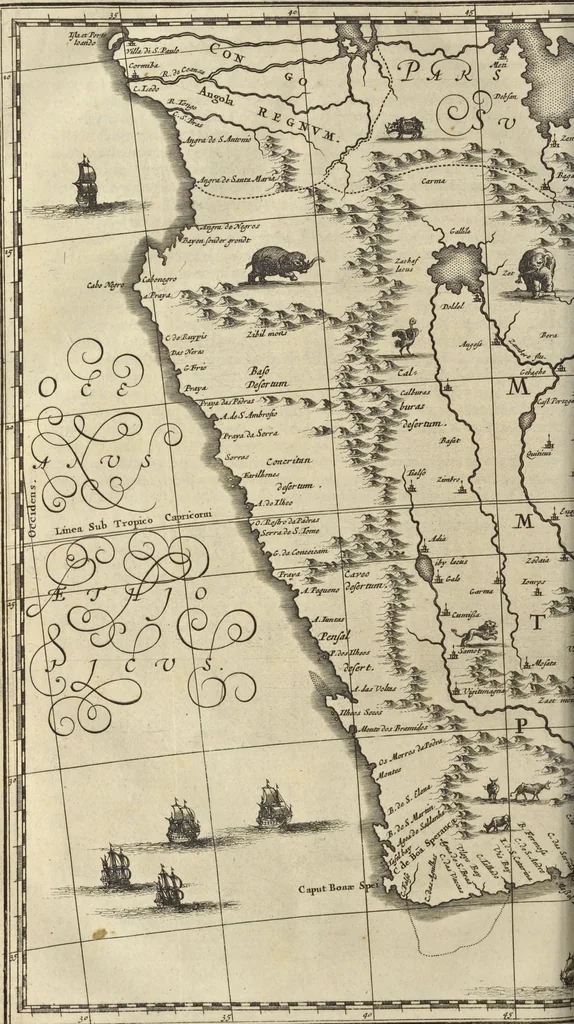 An illustration from Naukeurige beschrijvinge der Afrikaensche gewesten van Egypten, Barbaryen, Libyen, Biledulgerid, Negroslant, Guinea, Ethiopiën, Abyssinie ... : getrokken uit verscheyde hedendaegse lantbeschrijvers en geschriften van bereisde ondersoekers dier landen, 1668, leaf 703