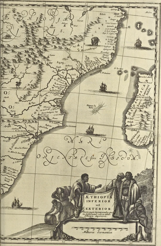 An illustration from Naukeurige beschrijvinge der Afrikaensche gewesten van Egypten, Barbaryen, Libyen, Biledulgerid, Negroslant, Guinea, Ethiopiën, Abyssinie ... : getrokken uit verscheyde hedendaegse lantbeschrijvers en geschriften van bereisde ondersoekers dier landen, 1668, leaf 704