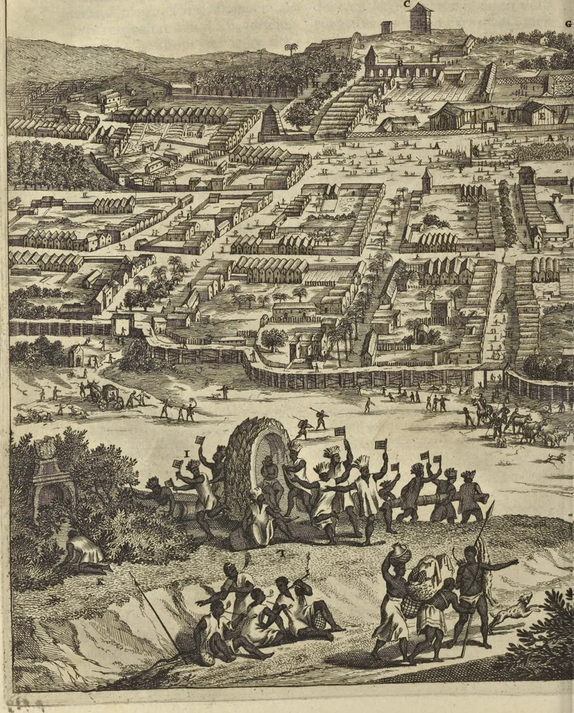 An illustration from Naukeurige beschrijvinge der Afrikaensche gewesten van Egypten, Barbaryen, Libyen, Biledulgerid, Negroslant, Guinea, Ethiopiën, Abyssinie ... : getrokken uit verscheyde hedendaegse lantbeschrijvers en geschriften van bereisde ondersoekers dier landen, 1668, leaf 707