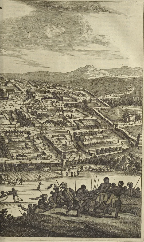 An illustration from Naukeurige beschrijvinge der Afrikaensche gewesten van Egypten, Barbaryen, Libyen, Biledulgerid, Negroslant, Guinea, Ethiopiën, Abyssinie ... : getrokken uit verscheyde hedendaegse lantbeschrijvers en geschriften van bereisde ondersoekers dier landen, 1668, leaf 708
