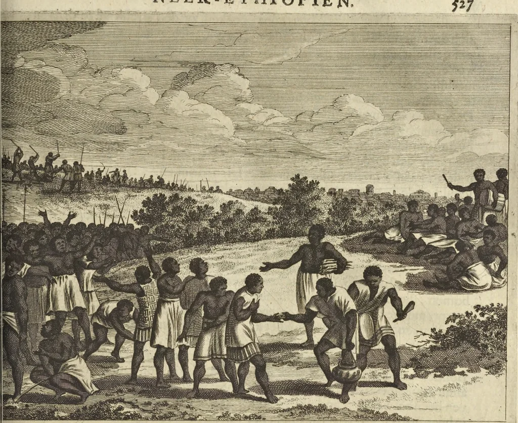 An illustration from Naukeurige beschrijvinge der Afrikaensche gewesten van Egypten, Barbaryen, Libyen, Biledulgerid, Negroslant, Guinea, Ethiopiën, Abyssinie ... : getrokken uit verscheyde hedendaegse lantbeschrijvers en geschriften van bereisde ondersoekers dier landen, 1668, leaf 718
