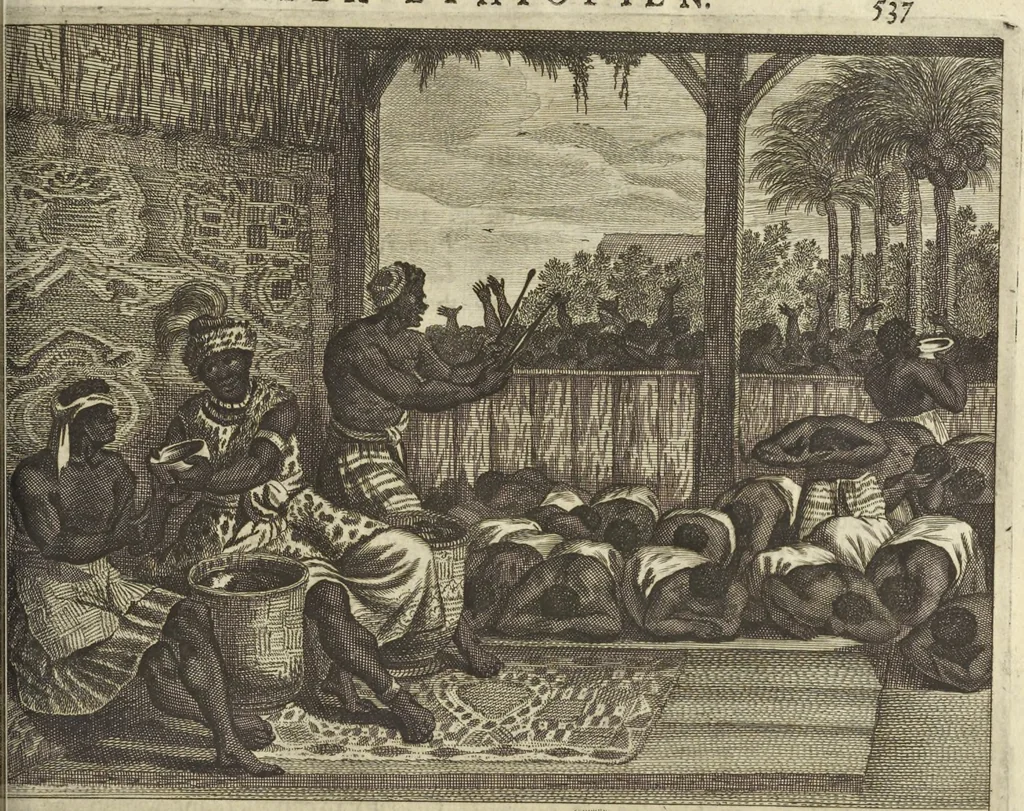 An illustration from Naukeurige beschrijvinge der Afrikaensche gewesten van Egypten, Barbaryen, Libyen, Biledulgerid, Negroslant, Guinea, Ethiopiën, Abyssinie ... : getrokken uit verscheyde hedendaegse lantbeschrijvers en geschriften van bereisde ondersoekers dier landen, 1668, leaf 728