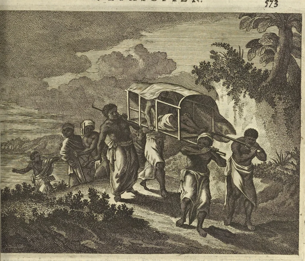 An illustration from Naukeurige beschrijvinge der Afrikaensche gewesten van Egypten, Barbaryen, Libyen, Biledulgerid, Negroslant, Guinea, Ethiopiën, Abyssinie ... : getrokken uit verscheyde hedendaegse lantbeschrijvers en geschriften van bereisde ondersoekers dier landen, 1668, leaf 772