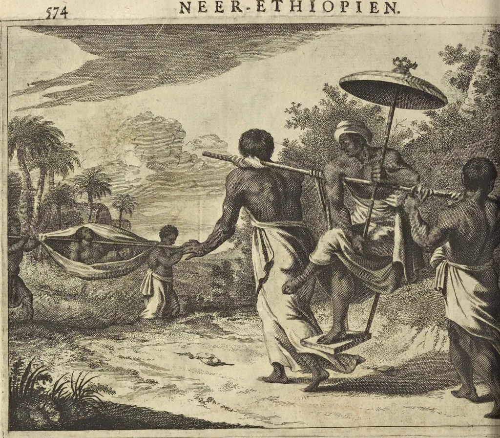 An illustration from Naukeurige beschrijvinge der Afrikaensche gewesten van Egypten, Barbaryen, Libyen, Biledulgerid, Negroslant, Guinea, Ethiopiën, Abyssinie ... : getrokken uit verscheyde hedendaegse lantbeschrijvers en geschriften van bereisde ondersoekers dier landen, 1668, leaf 773