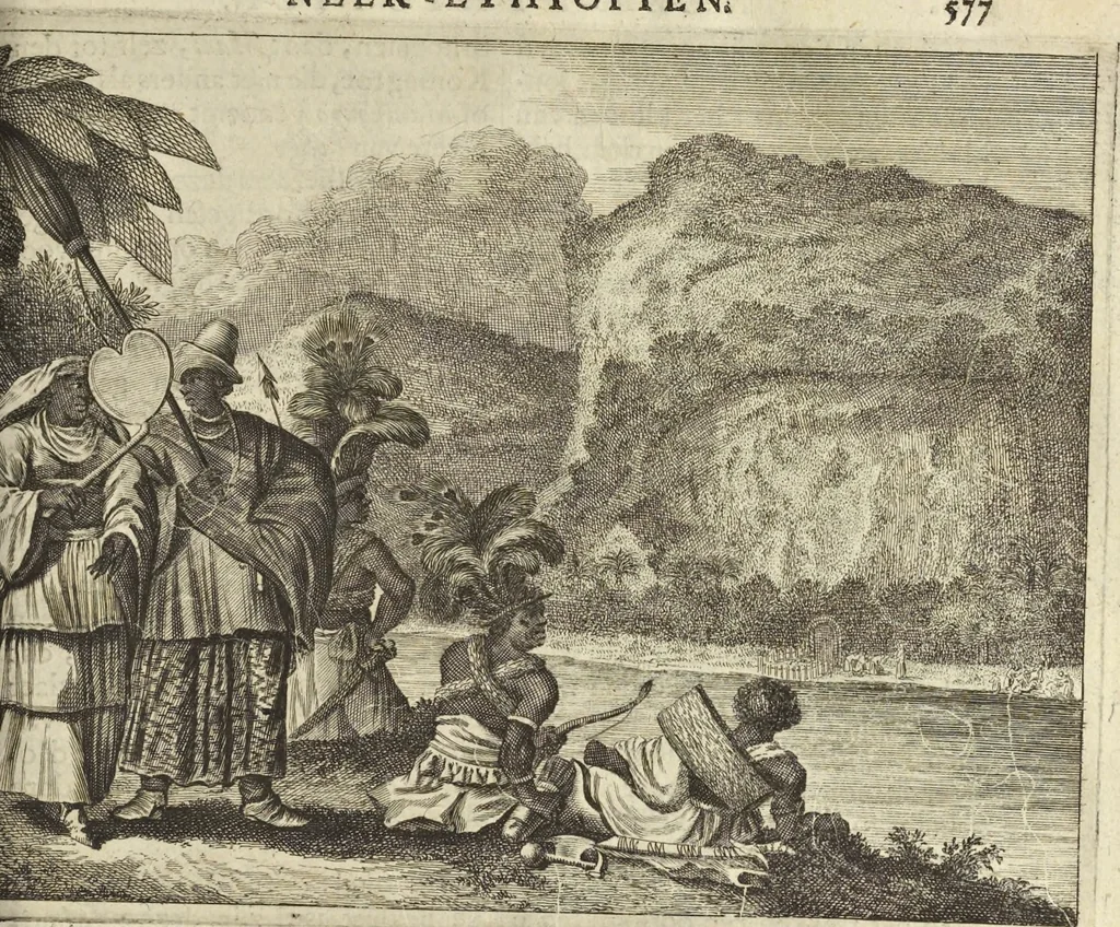 An illustration from Naukeurige beschrijvinge der Afrikaensche gewesten van Egypten, Barbaryen, Libyen, Biledulgerid, Negroslant, Guinea, Ethiopiën, Abyssinie ... : getrokken uit verscheyde hedendaegse lantbeschrijvers en geschriften van bereisde ondersoekers dier landen, 1668, leaf 776