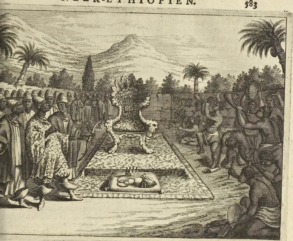An illustration from Naukeurige beschrijvinge der Afrikaensche gewesten van Egypten, Barbaryen, Libyen, Biledulgerid, Negroslant, Guinea, Ethiopiën, Abyssinie ... : getrokken uit verscheyde hedendaegse lantbeschrijvers en geschriften van bereisde ondersoekers dier landen, 1668, leaf 782