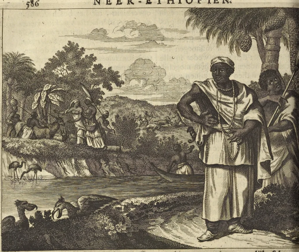 An illustration from Naukeurige beschrijvinge der Afrikaensche gewesten van Egypten, Barbaryen, Libyen, Biledulgerid, Negroslant, Guinea, Ethiopiën, Abyssinie ... : getrokken uit verscheyde hedendaegse lantbeschrijvers en geschriften van bereisde ondersoekers dier landen, 1668, leaf 785